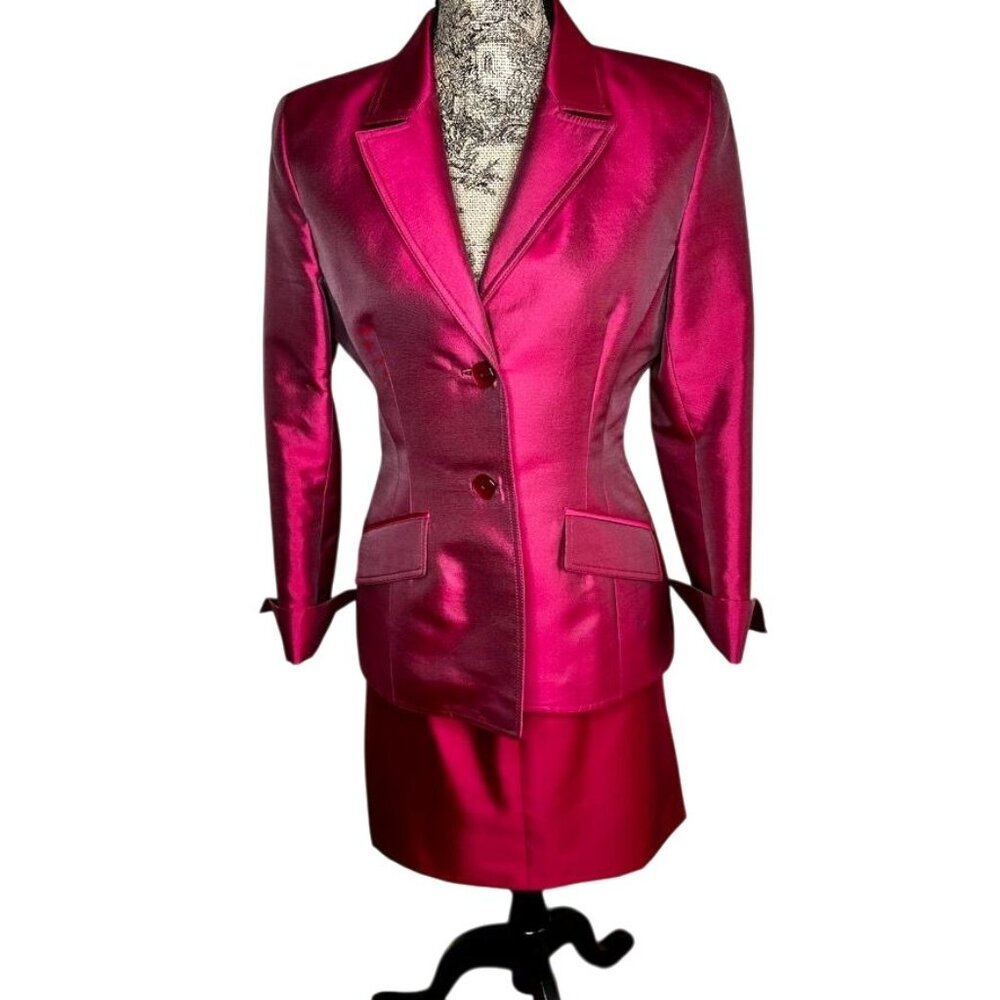Vtg Badgley Mischka Womens Silk Wool Magenta Structured Blazer Luxury Skirt Sz 8
